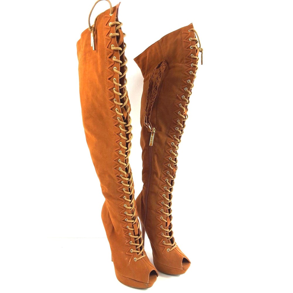 Shiekh Over The Knee Boots Women's Brown Peep Toe 5.5" High Heels Lace Up Sz‎ 7